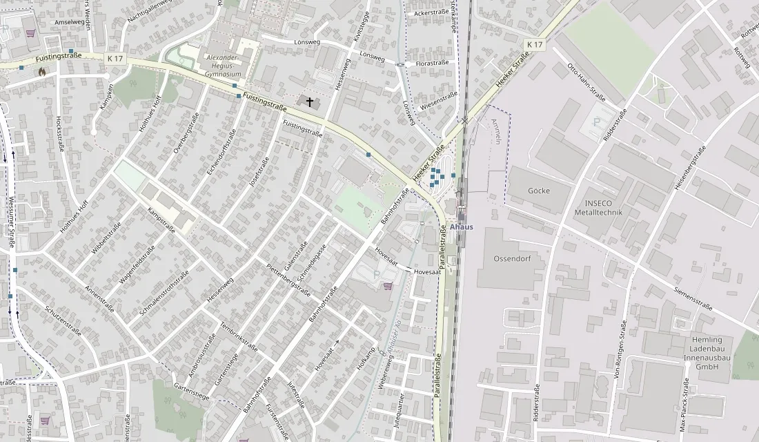 Map of Ahaus showing Bahnhofstraße 102 next to the railway station